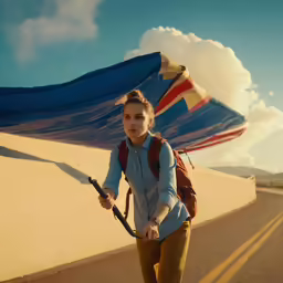 a girl walking on the road with an umbrella behind her