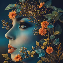 an image of the face and body of a woman with a floral frame around her