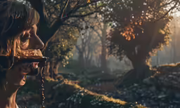 an attractive woman in a forest with sunlight streaming through the trees