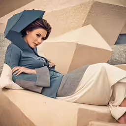 a beautiful woman with an umbrella sitting on a sculpture