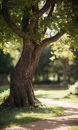 a tree on a pathway between two trees