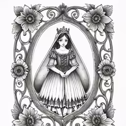 a portrait of the bride is framed by flowers and ornate scroll
