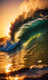 a large wave crashing on the ocean at sunset,a close up shot of the wave