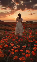 a woman standing in the middle of a field with many orange flowers