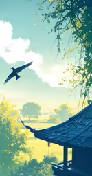 a bird flying over a roof of a building