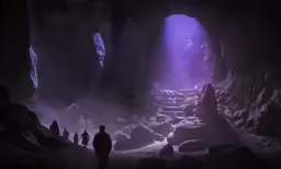 people walking up to a large rock tunnel