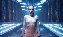 a woman in white is walking down a dark hallway