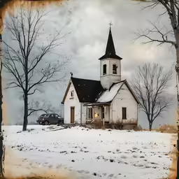 a church sitting in the snow with a car parked on it