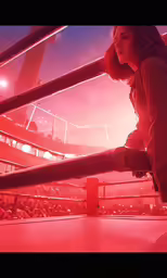 a man standing in front of a red light holding a metal pole