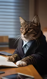 a cat in a business suit staring forward