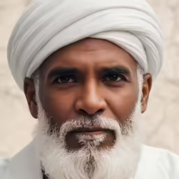 an old man with a white turban standing in front of a stone wall