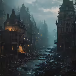 an alleyway with old buildings near the river in a rain storm