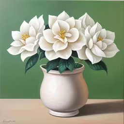 painting of flowers in white vase on table,an oil painting of three large flowers in a white vase