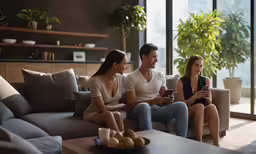 two beautiful women sitting next to a man on the couch