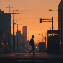 a city street with a woman standing on the corner of a crosswalk