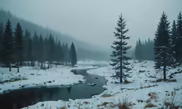 a snowy scene with a river running through the middle