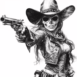 a woman in a cowboy hat and sunglasses holding a gun