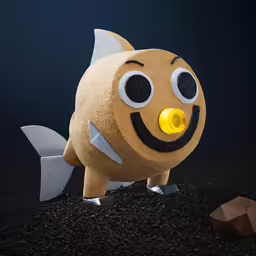 an orange plastic fish with a smile and large black eyes