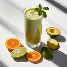 two orange halves, one with green leaves, and one without have sliced an avocado, one orange slices, are arranged in the glass next to whole green smoothies