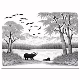 an animal standing next to a tree in a forest,a drawing of an animal standing on the water