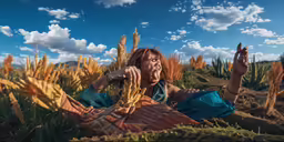 a woman sitting in the middle of a field