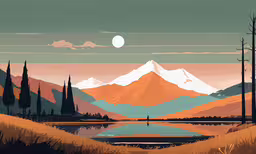 an illustration of a man walking on a path past a mountain lake,the mountains are filled with pine trees, and the moon shines over a body of water