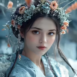 the young lady with flowers in her hair is wearing a floral crown