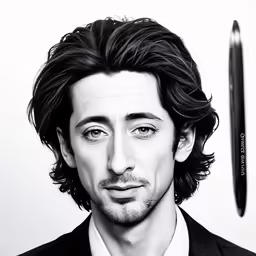a man with long black hair has a pen next to him
