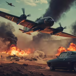 a airplane is taking off from a burning runway