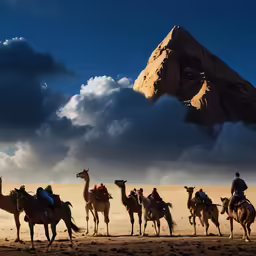 people riding camels on a desert under a cloudy sky