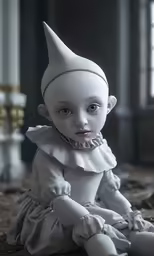 a white baby doll sitting on the ground