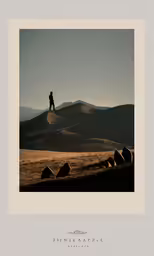 a man stands on top of a hill with a sky background