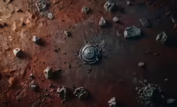 a group of rocks and a rock wheel sit on a surface