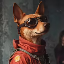 a small dog wearing glasses, with a man in a dark background