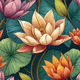 water lilys in a pond of green leaves and plants