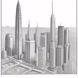 a drawing of a city in graphite,a drawing of a city with high rise buildings and an over pass