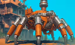 an orange robot has two large legs