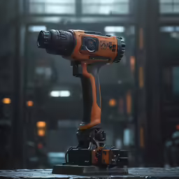 an orange and black cordless drill driller sits in the middle of the factory