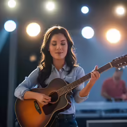 a woman in white shirt and jeans playing an acoustic guitar