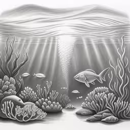 a drawing of a coral reef with several small fishes and algae,the underwater scene shows an under - water scene with fish and corals,pencil drawing of a sea floor with corals, fishes and sea plants,drawing of the underwater scene with corals and fishes,pencil drawing of fish and coral reefs on white paper