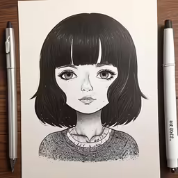 a drawing of a girl with bangs and a sweater