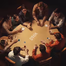 a group of people play cards together at a table