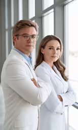 a man and woman in white standing together in front of windows