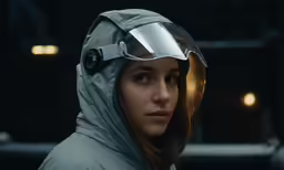 a woman in a hoodie wearing a silver helmet