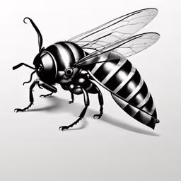 a black and white drawing of a bee on a light background