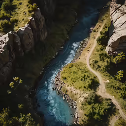 a small winding river running next to the rocky cliff