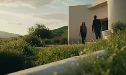 a couple walks into the building with grass and flowers in their hands
