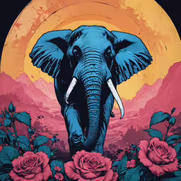 an elephant standing in front of flowers,a painting of an elephant standing near roses with a moon