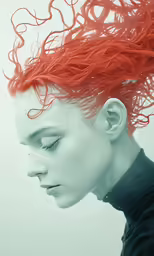 the head and long hair of a person with red hair