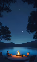 a girl sitting on a chair in front of a fire pit